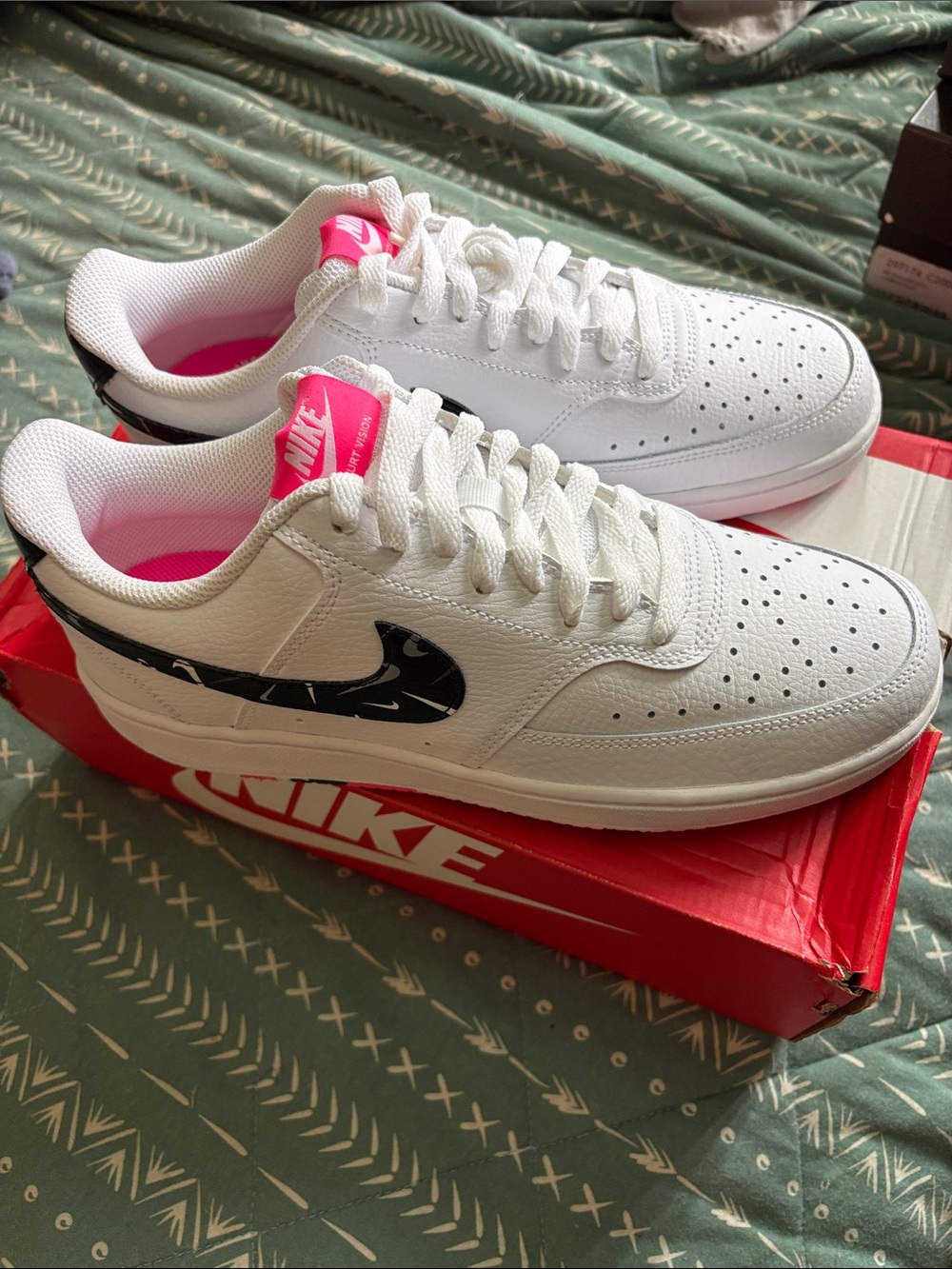 Nike Court Vision low Top Sneakers with Black Patterned Swoosh and Pink Accents